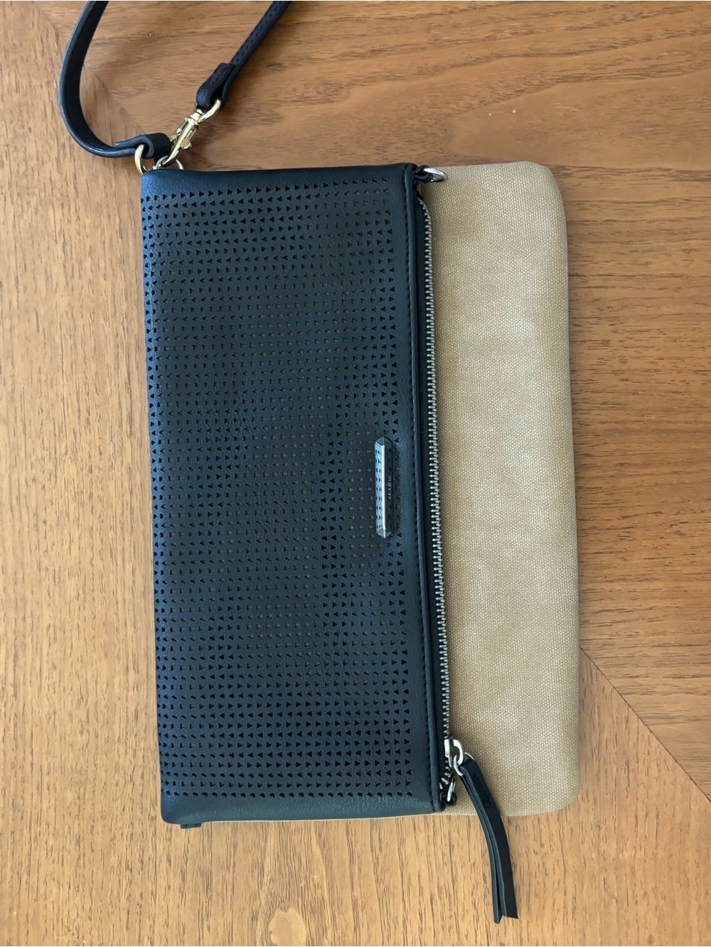 Stella & Dot Black and Tan Perforated Wristlet Clutch